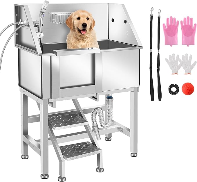 Professional Stainless Steel Dog Grooming Bathtub Station Wash Shower Sink with Faucet Walk-in Ramp and Accessories Pet Grooming Bathtub Station,34" L-RAMP