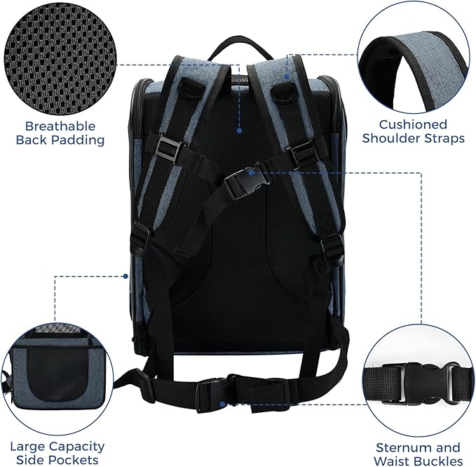 Apollo Walker Dog & Cat Carrier Backpack for 4-15lb Pets - Ventilated Safe Design with Padded Back Support, Breathable Mesh Pet Backpack for Hiking, Travel, Outdoor (Navy)