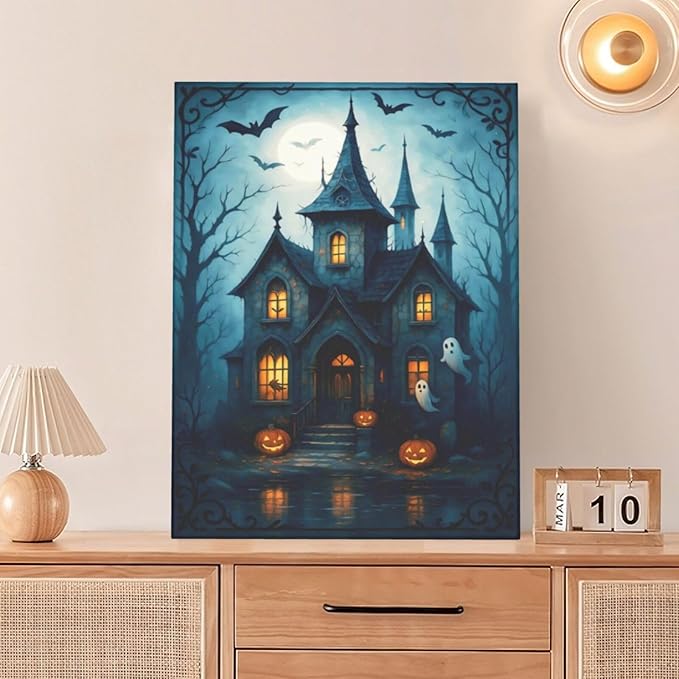 Halloween Gothic Wall Art Castle Pumpkin Ghost Bat Canvas Wall Decor Dark Academia Pictures Painting Print Framed Artwork Decorations Gifts for Halloween Living Room Bedroom Office 12"x16"