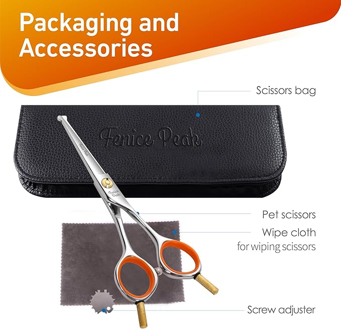 Fenice Peak 5'' Small Straight Scissors Lightweight Dog and Cat Grooming Scissors with Safety Round Tip JP440C Stainless Steel Sharp Blades for Body Facial Nose Ear and Paw Hair Easy Use