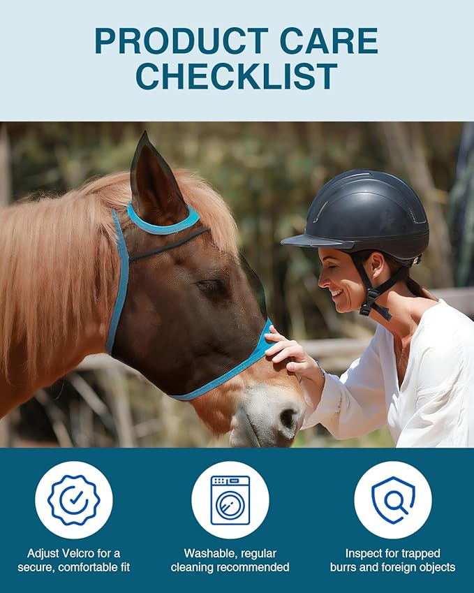 Hilltown Adjustable Fly Mask for Horse with Ears - UV-Block, Large Eye Space, Breathable, Built to Last, Comfort Fit - Horse Fly Mask for Daily Stable, Hot Weather Riding & Competition - X-Full, Blue