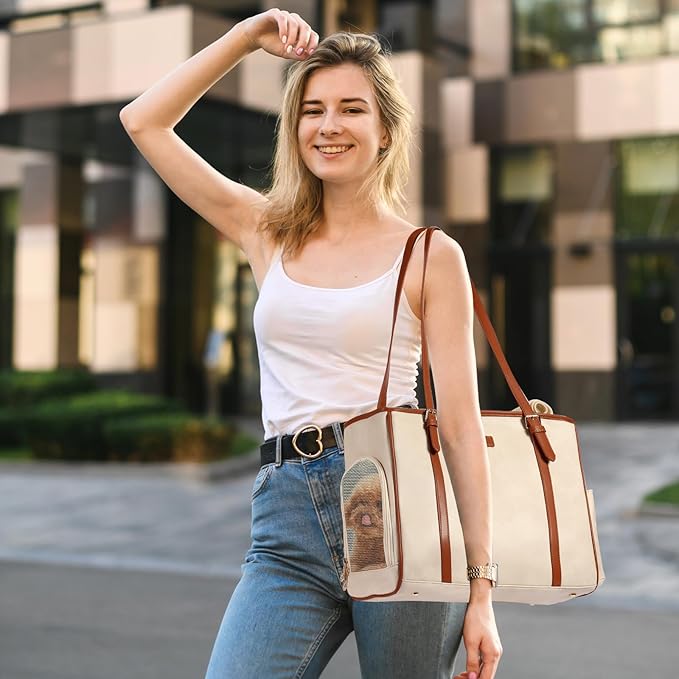 Fashion Dog Purse Pet Carrier Leather Bag for Small Dogs Cats Puppy, Portable Tote Bag Airline Approved Soft-Sided Carriers (Beign)