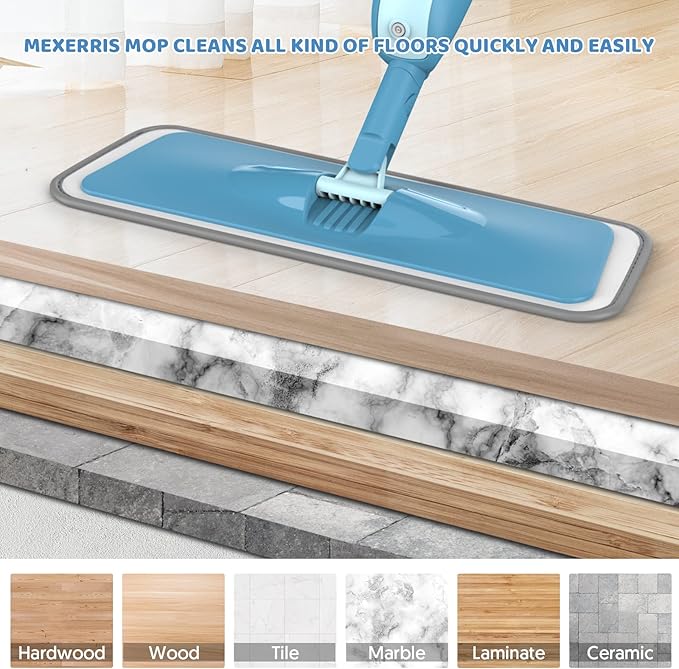 Spray Wet Mops for Hardwood Floor Cleaning - MEXERRIS Microfiber Dust Dry Mops with Spray 4 Reusable Washable Pads- Hardwood Floor Mop 2 Bottles Commercial Home Use for Laminate Wood Vinyl Tiles