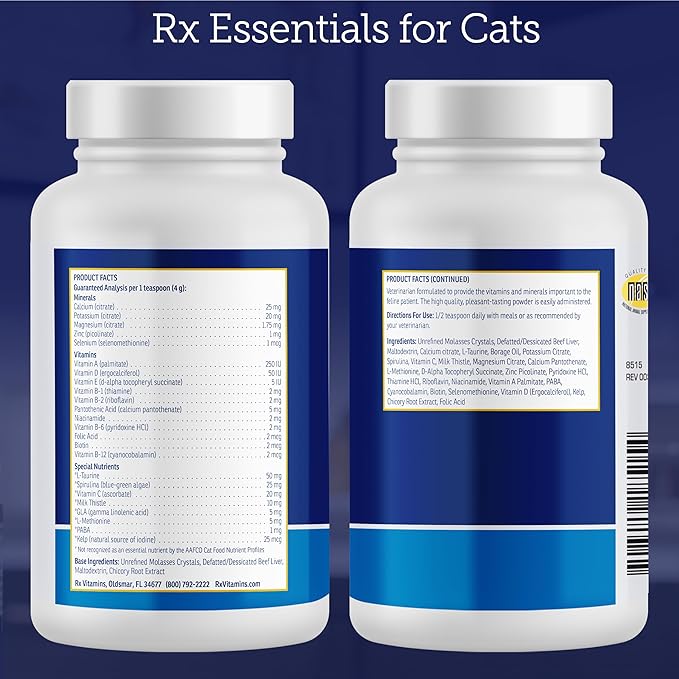 Rx Vitamins Essentials for Cats - Daily Immune Support and Overall Health - Featuring Taurine, Vitamin B12, & Milk Thistle - Cat Multivitamin and Multimineral Powder with Spirulina and Vitamin B - 4oz