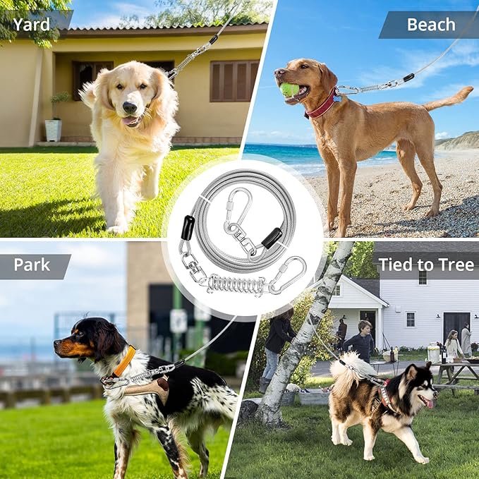 Jenico Dog Tie Out Cable - 10/15/20/30/40/50/70/100/150FT Runner Cable with Swivel Hook and Shock Spring, Outdoor and Camping Dog Leash Run Tether for Small to Medium Pets Up to 500 LBS