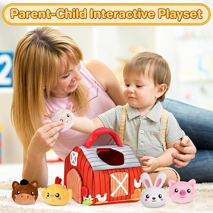 Baby Toys 0-12 Months, Plush Toy Set- 4 Sensory Soft Toys with Crinkle, Rattles for 0-3-6-9-12 Month Newborn Infant, 1st Birthday for Babies Boys Girls Age 1+ (Barn with Farm Animals)