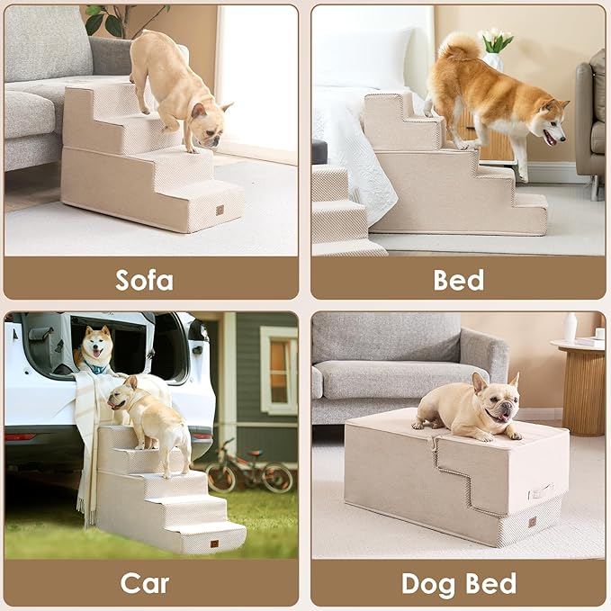 EHEYCIGA Dog Stairs for High Bed 22.5" H, 5-Step Dog Steps for Bed, Pet Steps for Small Dogs and Cats, Non-Slip Balanced Pet Ramp Indoor, Beige