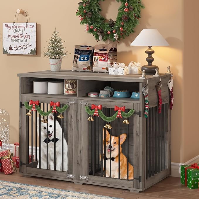 Furniture Dog Crate for 2 Dogs, 41 Inch Dog Kennel Furniture with Removable Divider and Shelf Storage, Wooden Dog Crate for Small/Medium Dogs, Grey