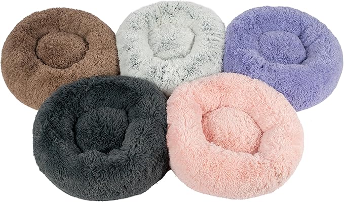 Best Pet Supplies Round Donut Dog Bed with Plush Faux Fur Fabric, Calming, Anti-Anxiety Cushion for Indoor Pets, Slip-Resistant Base, Soft Ergonomic Support - Light Warm Gray, 27x27x7.5''