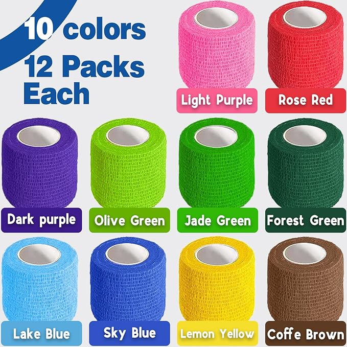 AZEN 120 Pack Self Adhesive Bandage Wrap, 2" X 5 Yards Elastic Cohesive Bandage Wrap, Color Athletic Tape, Vet Wrap, Ankle Tape