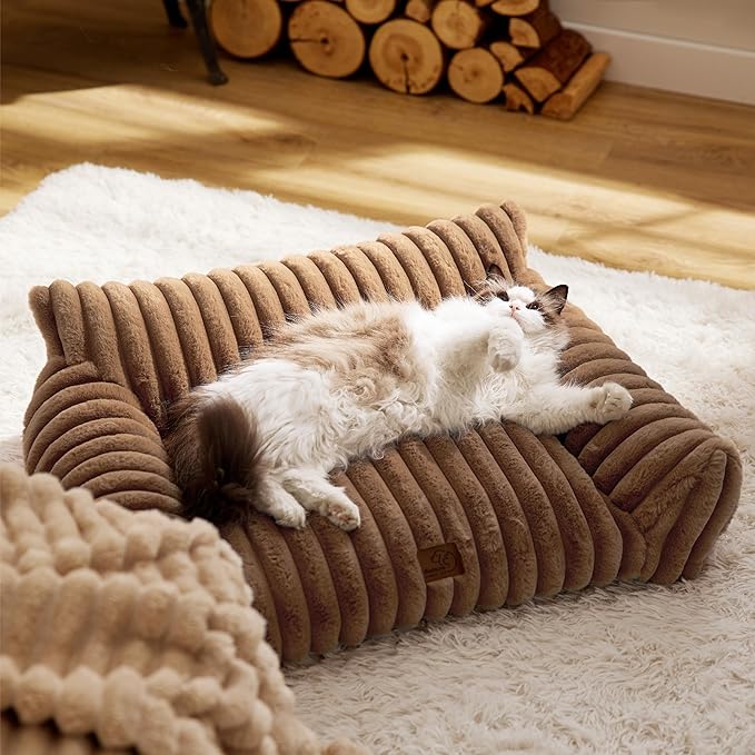 Bedsure Cute Cat Couch for Pets - Fluffy Small Dog Sofa with Premium Soft Corduroy Fleece, Pet Sofa with Removable Washable Cover, Supportive Dog Couch Bed for Small Medium Dogs, 30inch, Copper Brown