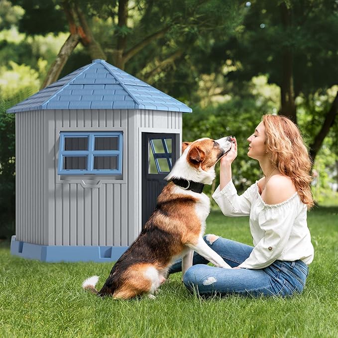 Vixzen Large Outdoor Dog House,Durable Water Resistant Resin Dog House,Doghouse for Small to Large Dogs Indoor or Outside,with Openable Windows and Elevated Floor,Blue