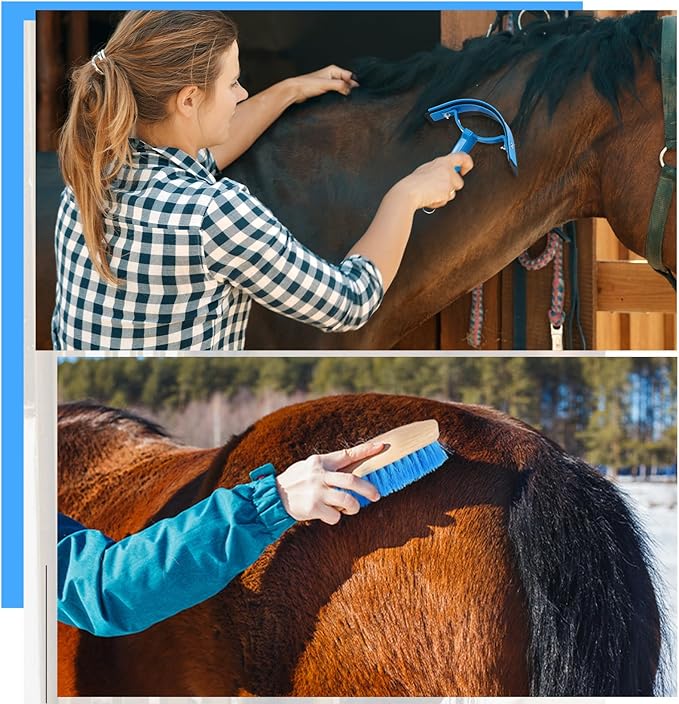 Abbylike 12 Pieces Horse Grooming Kit Racing Festival Tack Room Supplies Horse Brush Sets Equine Care Cleaning Kit Shedding Grooming Massaging Tools(Blue)