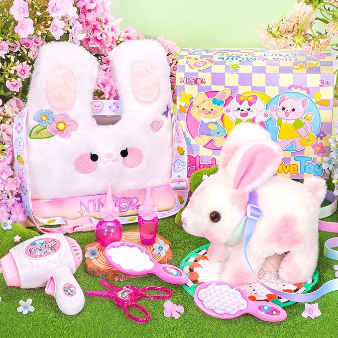 Easter Bunny Toys for Kids with Crossbody Bags, Easter Basket Stuffers Interactive Hopping Wiggle Ears Rabbit Toy, Pretend Play Robot Pet Care Cute Stuff for Girls Trip Plushies Birthday Gifts