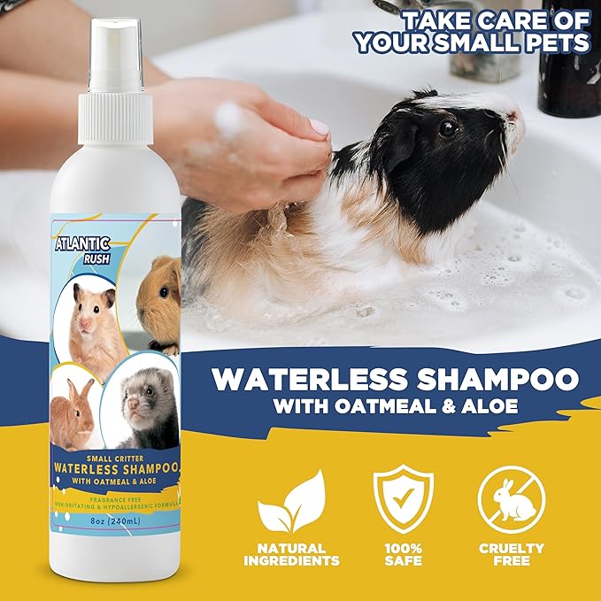 Waterless Shampoo for Small Critters - 8oz Cruelty Free Dry Shampoo - No Rinse for Pet Ferrets, Guinea Pigs, Hedgehogs, Sugar Gliders, Rabbits & Hamsters (8 oz, Fragrance Free)