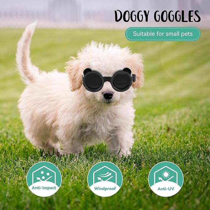 Lesypet Dog Sunglasses Small Breed, Dog Goggles for Small Dogs Eye Protection Windproof Doggie Glasses for Outdoor Driving Hiking UV Protection, Black