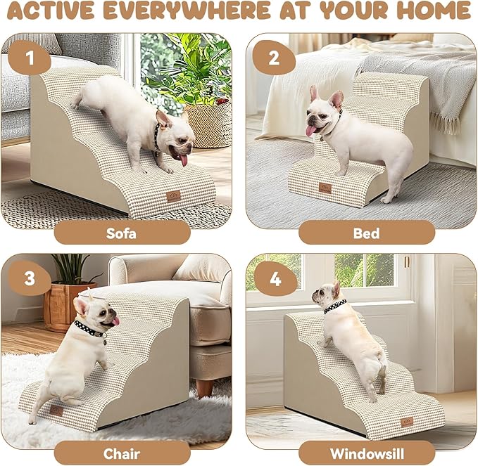 Dog Ramp and Stair for Bed 16" H-20 H,3-Step Cat Stair for Sofa and Chair,4-Step Dog Ramp for High Bed and Window,Durable Nonslip Fabric Cover for Indoor (Beige-20 H, Pet Friendly, 4)