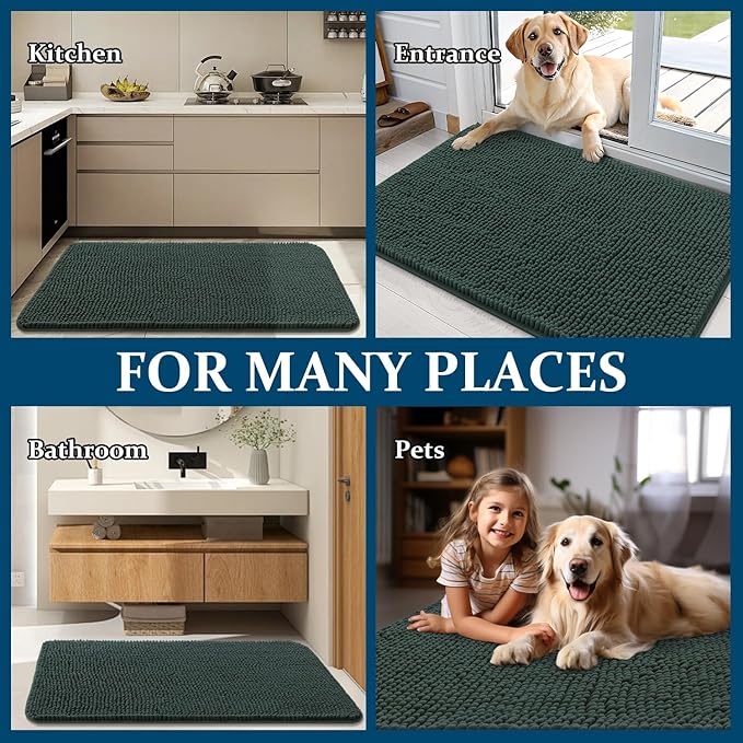 OLANLY Dog Door Mat for Muddy Paws 47x20, Absorbs Moisture and Dirt, Absorbent Non-Slip Washable Doormat, Quick Dry Chenille Mud Mat, Entry Indoor Entryway Carpet for Inside Floor, Blackish Green