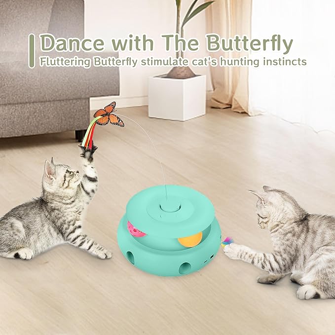 Cat Toys,3-in-1 Interactive Cat Toys for Indoor Cats,Rechargeable Automatic Interactive Cat Toy with Fluttering Butterfly,Smart Sensor 6 Holes Mice Whack-A-Mole and Track Balls,Blue