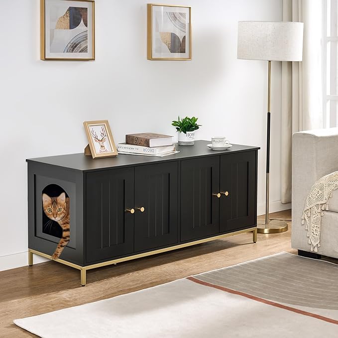 Homhedy Cat Litter Box Enclosure for 2 Cats, Cat Washroom Furniture with Double Room, Pet House with Metal Frame, 47.2”L x 17.7”W x 21.7”H, Black and Gold
