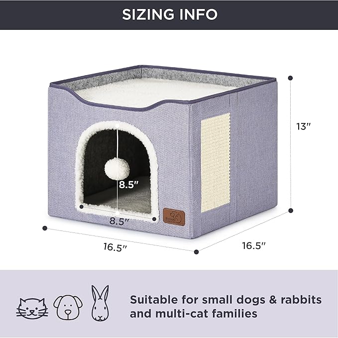 Bedsure Cat Beds for Indoor Cats - Large Cat Cave for Pet Cat House with Fluffy Ball Hanging and Scratch Pad, Foldable Cat Hideaway, 16.5x16.5x13 inches, Cloud Purple