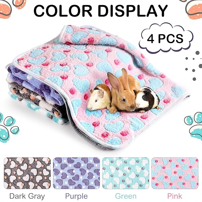 Reginary 4 Pcs Waterproof Guinea Pig Blankets Washable Small Animal Fleece Bedding Absorbent Guinea Pig Cage Liners Reusable Pet Pee Pad Sleep Mat for Hamster Ferret(Heart Pattern,12 x 12 Inch)