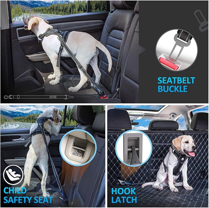 Dog Seat Belt 3-in-1 Car Harness for Dogs Adjustable Safety Seatbelt for Car Nylon Reflective Bungee Fabric Dog Car Harness with Clip Hook Latch & Buckle, Swivel Zinc Alloy Carabiner (Black)