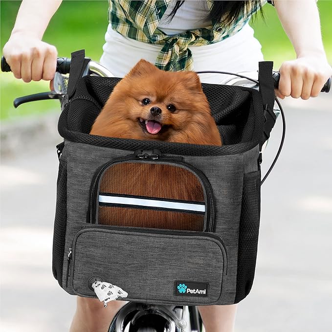 PetAmi Dog Bike Basket, Soft-Sided Ventilated Dog Bike Carrier Backpack, Pet Bicycle Basket for Bike Handlebar, Small Medium Puppy Cat Kitten Car Booster Seat with Safety Strap, Max 18 lbs, Dark Gray
