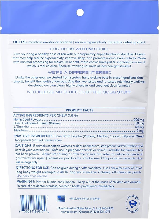 Native Pet Calming Chews for Dogs - Melatonin for Dogs Anxiety Relief - Grain Free All Natural Hemp Calming Treats & L-Theanine Helps Manage Stress & Separation Anxiety - Puppy Sleep Aid - 60 Chews