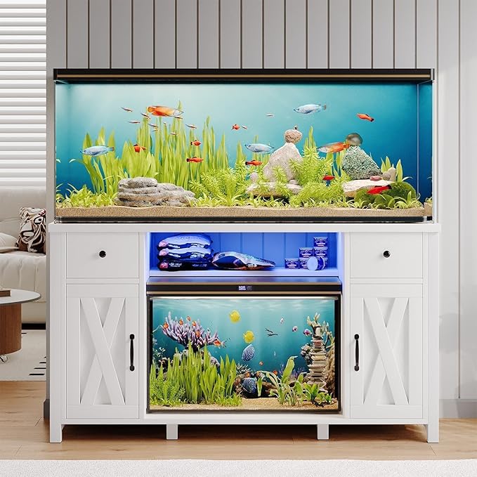 75 Gallon Fish Tank Stand with LED Light & Power Outlets, 55-75 Gallon Aquarium Stand with 2 Drawers & 2 Barn Doors, 52" L x 20" W Cabinet for 2 Fish Tank Accessories Storage, Turtle Tank, White