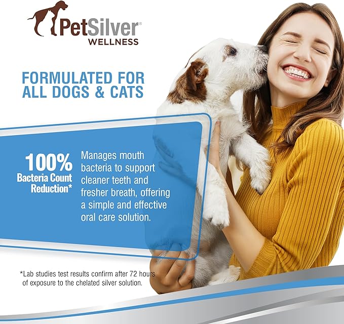 PetSilver Teeth & Gum Water Additive for Dental Care - Pet Breath Freshener - Targets Tartar, Plaque & Eliminates Bad Breath - Dog Oral Care & Cat Teeth Cleaning - No Brushing & Tasteless - 12 fl oz
