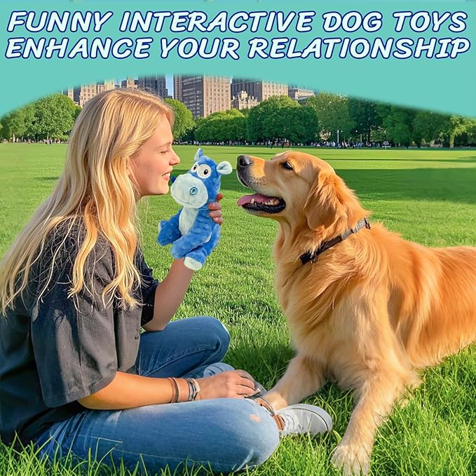 Squeaky Stuffed Dog Toys, Chew Toy for Large Medium Small Breeds, Plush Dog Toys to Keep Them Busy, Puppy Teething Dog Toy, Crinkle Dog Toy (Blue Hippo)