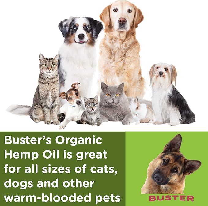 Buster's Organic Hemp Oil Large 60 Milliliters 2Pack 4Month Supply for Dogs Cats Max Potency Made in USA Omega Rich 3 6 and 9 Hip and Joint Health, Natural Relief, Calming