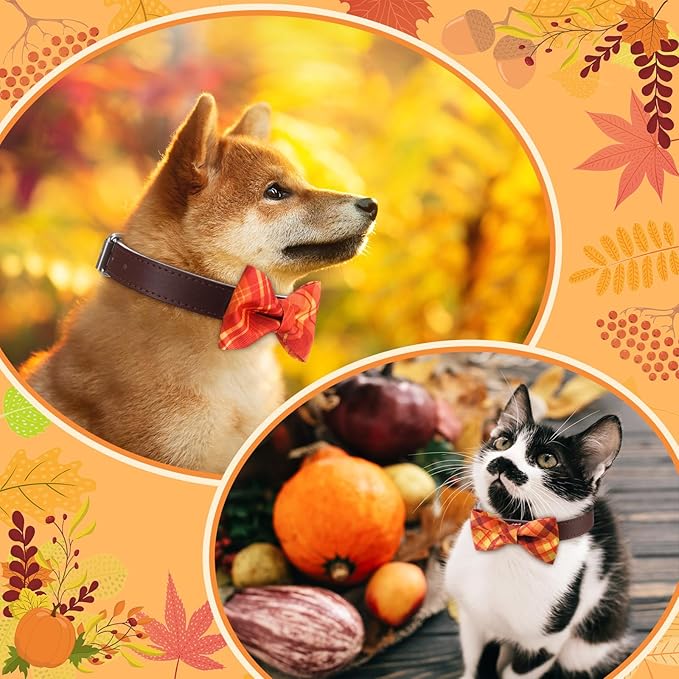 Hillban 50 Pcs Fall Collar Dogs Bow Ties Autumn Plaid Dogs Collar Accessories for Pets Bow Ties Attachment with Elastic Bands Detachable Charms for Doggie Fall Autumn Costume