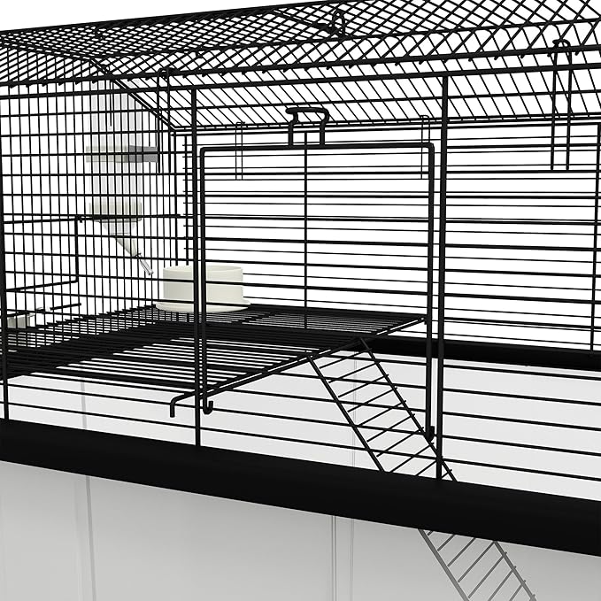 PawHut Hamster Cage, Gerbil Cage 2 Tier with Wheels, Deep Bottom, Ramp, Food Dish, Water Bottle, for Dwarf Hamster, Syrian Hamster, 57 x 43 x 57cm - Black