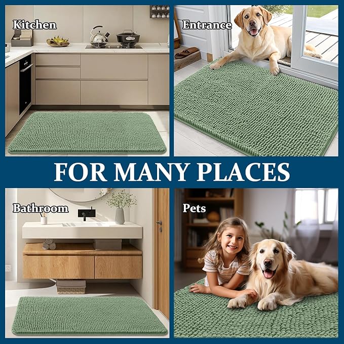 OLANLY Dog Door Mat for Muddy Paws 70x46, Absorbs Moisture and Dirt, Absorbent Non-Slip Washable Doormat, Quick Dry Chenille Mud Mat, Entry Indoor Entryway Carpet for Inside Floor, Olive Green