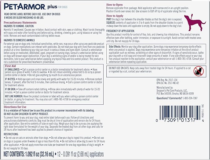 PetArmor Plus Flea and Tick Prevention for Dogs, Dog Flea and Tick Treatment, 12 Doses, Waterproof Topical, Fast Acting, Large Dogs Dogs (45-88 lbs)