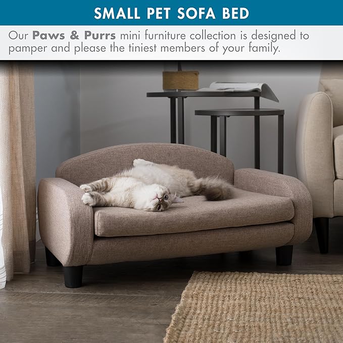 Paws & Purrs Cat Sofa Bed, Pet Couch for Indoor Cats Elevated Cat Beds with Removable Washable Mattress Cover for Kitten, Puppy or Small Animal- 31.5" Wide, Sand