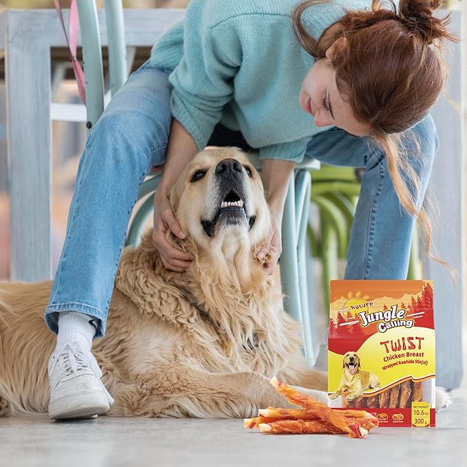 Jungle Calling Dog Treats, Natural Chicken Wrapped Rawhide Sticks, Grain-Free Training Rewards Chews for Small and Medium Puppy,10.6oz