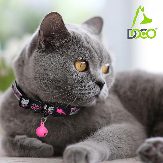 DOCO Cat Collar (Neck Girth - 3/8" x 7.5-12", Weight Upto - 13lb) Reflective Cat Collar with Bell, Breakaway Safety Buckle, Adjustable Nylon Strap for Kittens & Adult Cats (Red)
