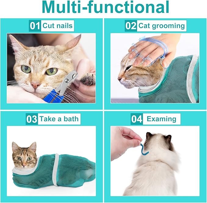 Patelai 5 Pcs Cat Bathing Bag Set Cat Grooming Bag Adjustable Pet Shower Net Muzzles Nail Clipper Tick Remover Tool Massage Brush(Green White)