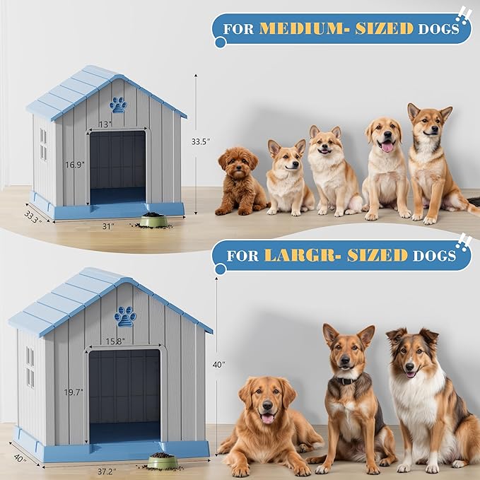 Large Dog House Outdoor Indoor for Medium Large Dogs, Durable Plastic Waterproof Doghouse with Air Vents and Elevated Floor, Easy Clean and Assemble (Blue, 37.2" L x 40" W x 40" H)