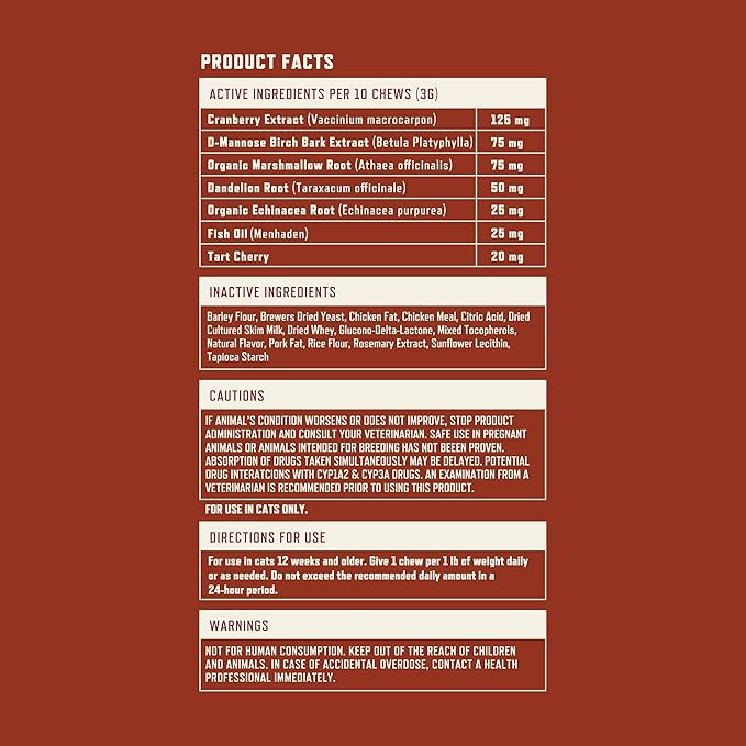 Rocco & Roxie Cat Urinary Tract Health Supplement, Cranberry and D-Mannose for Kidney, Bladder, and UT Support, Vet Recommended Chicken Flavored Crunchy Chews Cats Love, Made in USA