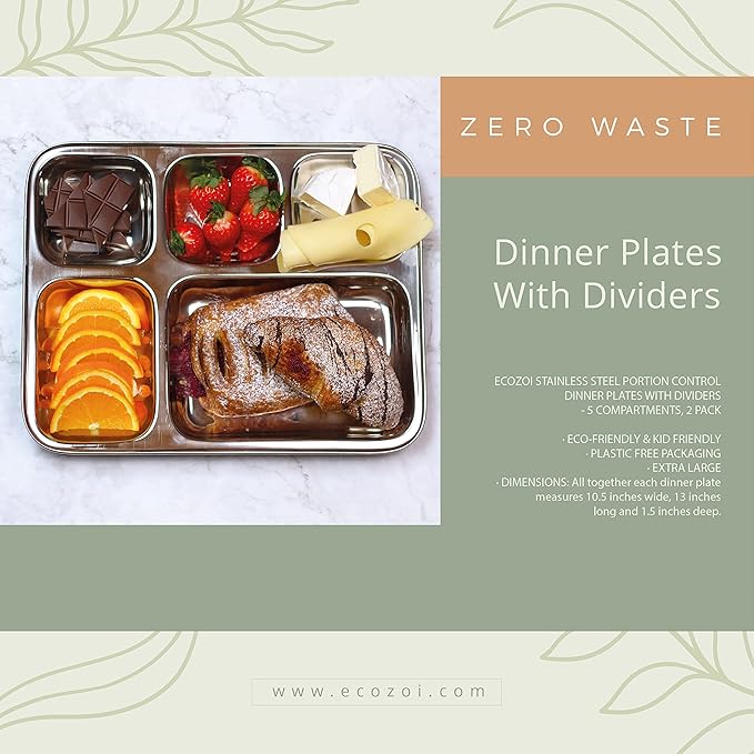 Extra Large Premium Stainless Steel Dinner Plates, 5 Compartments, Set of 2 | Eco Friendly Dinnerwear for Camping, Portion Control, Meal Prep, Lunch, and Party