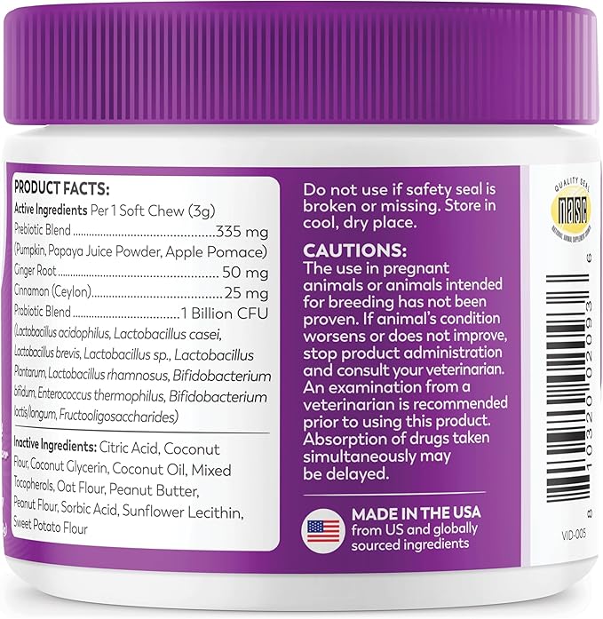 Dr. Harvey's Digestive Probiotic Soft Chews for Dogs, 7 Probiotics for Gut Health, Diarrhea and Bowel Support, Peanut Butter Flavor (90 Chews)