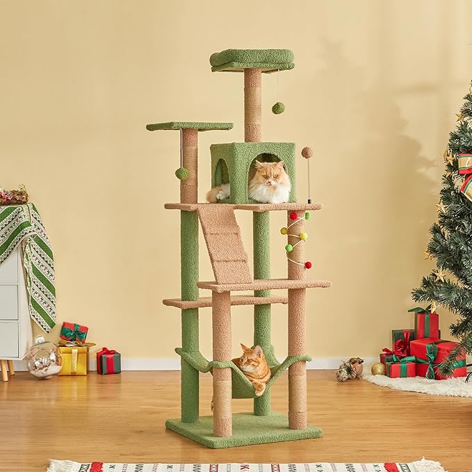MWPO 63.8 Inches Green Cat Tree for Indoor Cats, Multi-Level Cat Tower with Sisal-Covered Scratching Posts, Padded Platform, Hammock, Dangling Toys, Stable Cat Condo Pet Play House