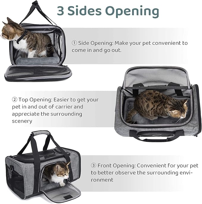 TSA Approved Pet Carrier for Small Cats Dogs, Travel Bag with Adequate Ventilation, 5 Mesh Windows, 3 Entrance, Locking Safety Zippers, Padded Shoulder and Carrying Strap, Small