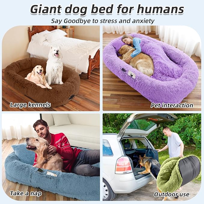 Human Dog Bed, 71''x45''x12'' Size Fits You and Pets, Washable Faux Fur Pet Bed for People Doze Off, Napping Orthopedic Dog Bed, Present Plump Pillow, Blanket, Strap - Purple