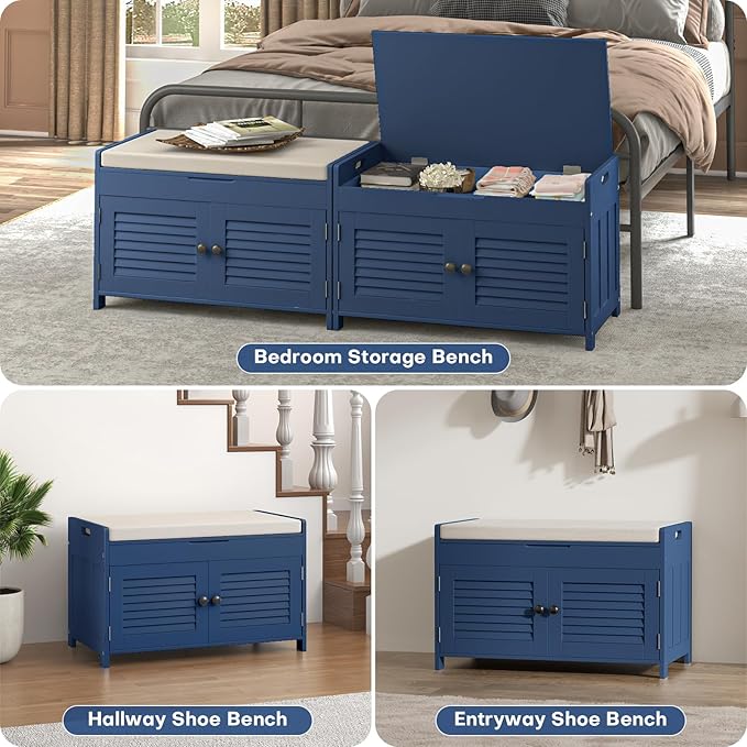 Shoe Storage Bench with Lift Top Storage, Entryway Bench with Cushioned Seat, Adjustable Shelf, 2 Tier Shoe Rack with Doors for Entryway, Bedroom, Hallway, Mudroom, Blue