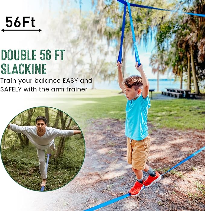 2×56ft Ninja Warrior Obstacle Course for Kids - 600 lbs Weight Capacity, Slackline Obstacle Course with 8 Ninja Accessories - Monkey Bar, Rope Ladder, Gymnastic Ring, Arm Trainer and Monkey Fist